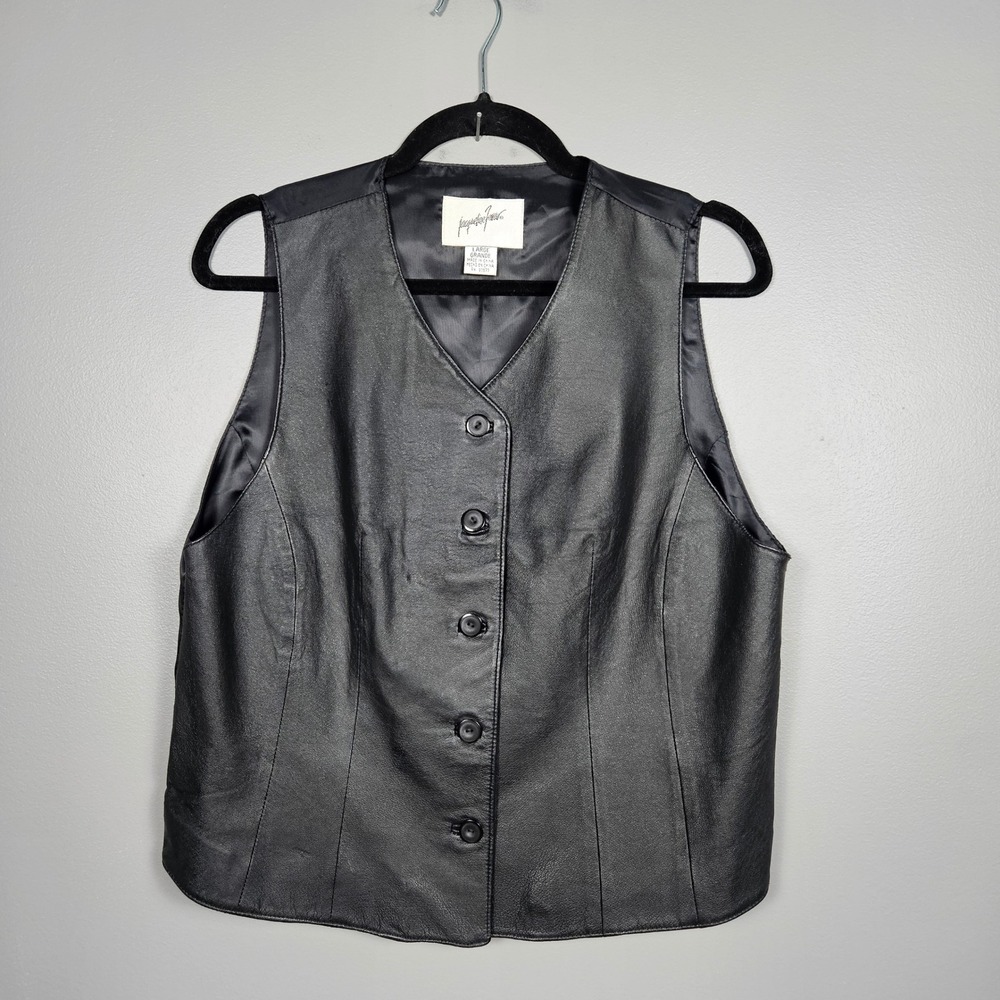 Jacqueline Ferrar Womens Large Genuine Leather Vest Button Front Vintage Black